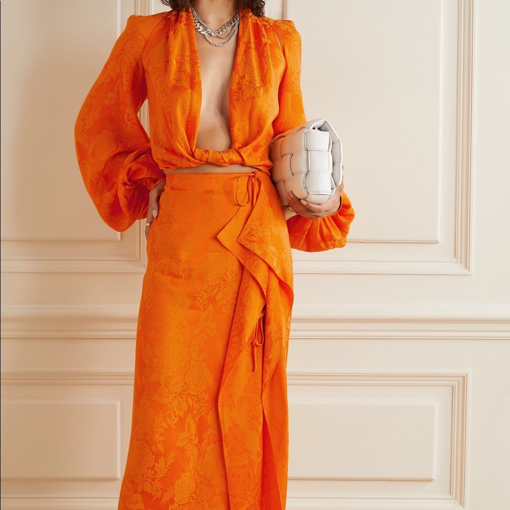 Attico orange tie-detail satin-jacquard midi skirt - Picture 1 of 8